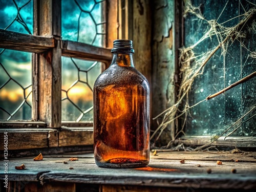 Vintage Noir-Inspired Monochrome Cough Syrup Bottle on Distressed Wood photo