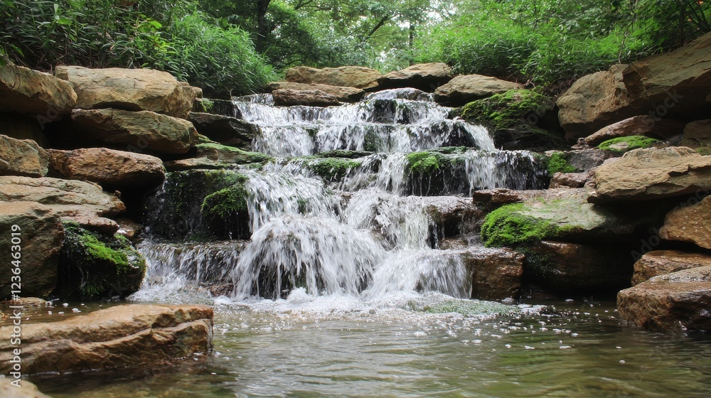Serene Waterfall Cascading Over Rocks Surrounded by Lush Greenery Serene Waterfall Cascading Over Rocks Surrounded by Lush Greenery