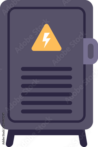 Outdoor electrical cabinet with a yellow high voltage sign on a white background