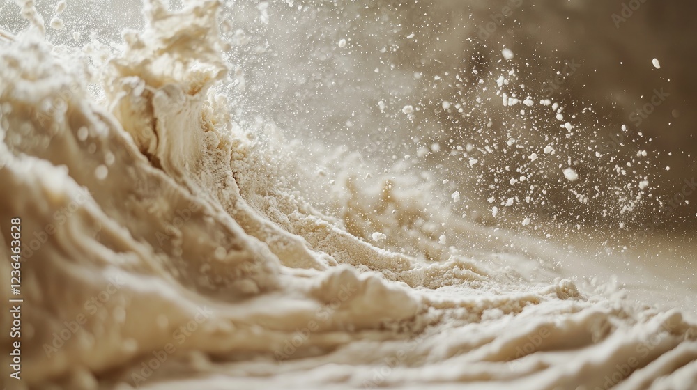 Close-up of dough being kneaded with visible texture and flour dust flying. Close-up of dough being kneaded with visible texture and flour dust flying.