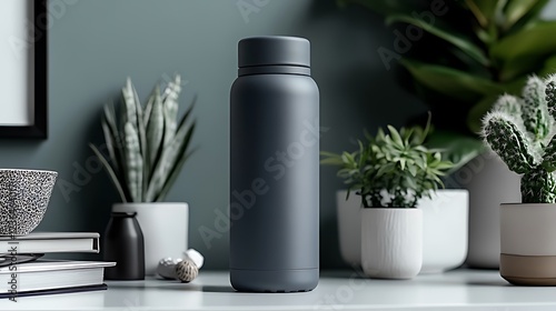 Wallpaper Mural Sleek dark gray insulated water bottle on a shelf among houseplants. Torontodigital.ca