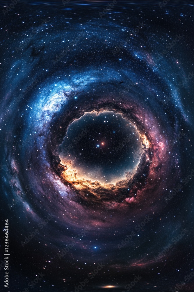A colorful image of a spiral galaxy viewed from the Earth, with deep cosmic colors and the black hole at its heart. A colorful image of a spiral galaxy viewed from the Earth, with deep cosmic colors and the black hole at its heart.