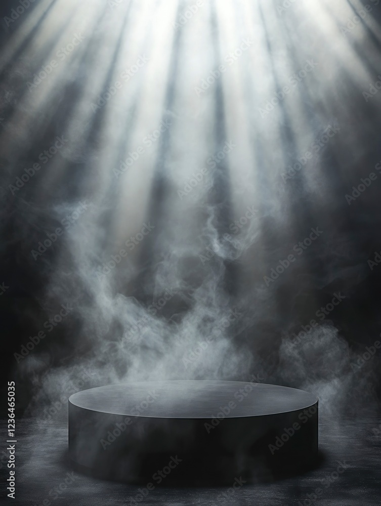 A round black podium is centered in the picture, surrounded by smoke and fog. The background is a dark gray with light rays shining down from above. A round black podium is centered in the picture, surrounded by smoke and fog. The background is a dark gray with light rays shining down from above.