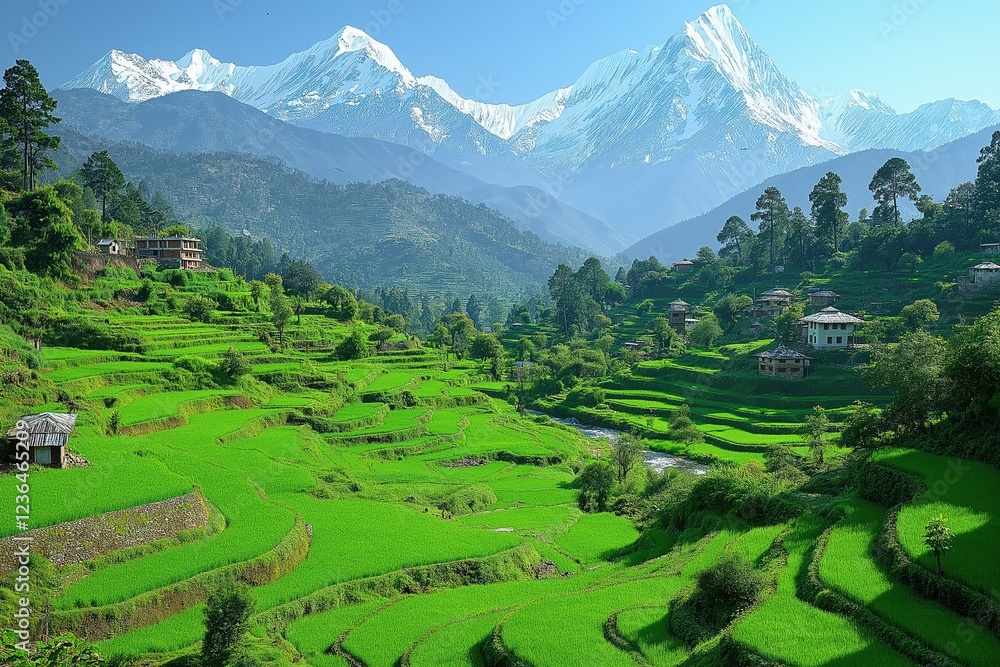 Fototapeta premium Lush green terraced rice fields under snow-capped mountains on a clear sunny day in rural landscape
