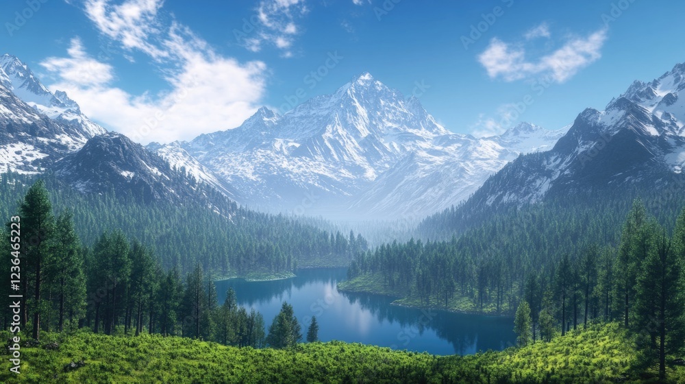 A serene view of towering snow-capped mountains, crisp blue water in the center of a lush valley and dense evergreen forests surrounding. A serene view of towering snow-capped mountains, crisp blue water in the center of a lush valley and dense evergreen forests surrounding.