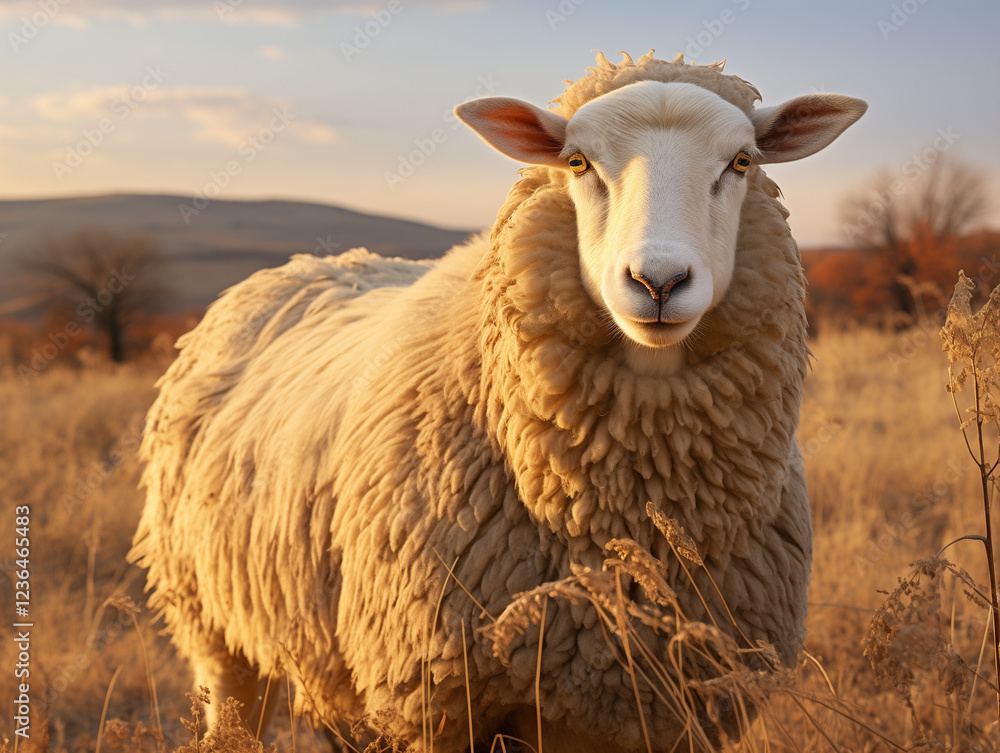 Dreamy Beige Sheep Gazing Gentle Through Golden Sunset Field Dreamy Beige Sheep Gazing Gentle Through Golden Sunset Field