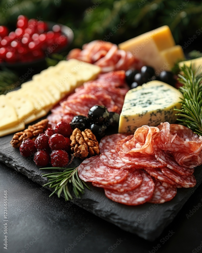 A beautifully arranged charcuterie board featuring assorted meats, cheeses, and garnishes A beautifully arranged charcuterie board featuring assorted meats, cheeses, and garnishes