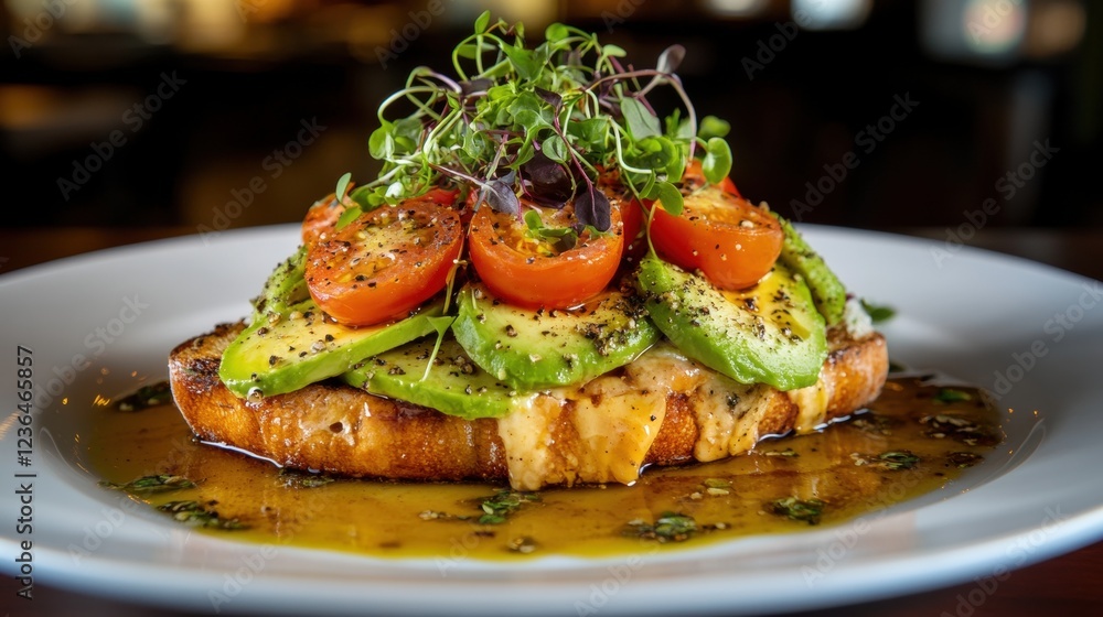 Fresh Avocado Toast with Tomatoes and Microgreens on Rustic Plate Fresh Avocado Toast with Tomatoes and Microgreens on Rustic Plate