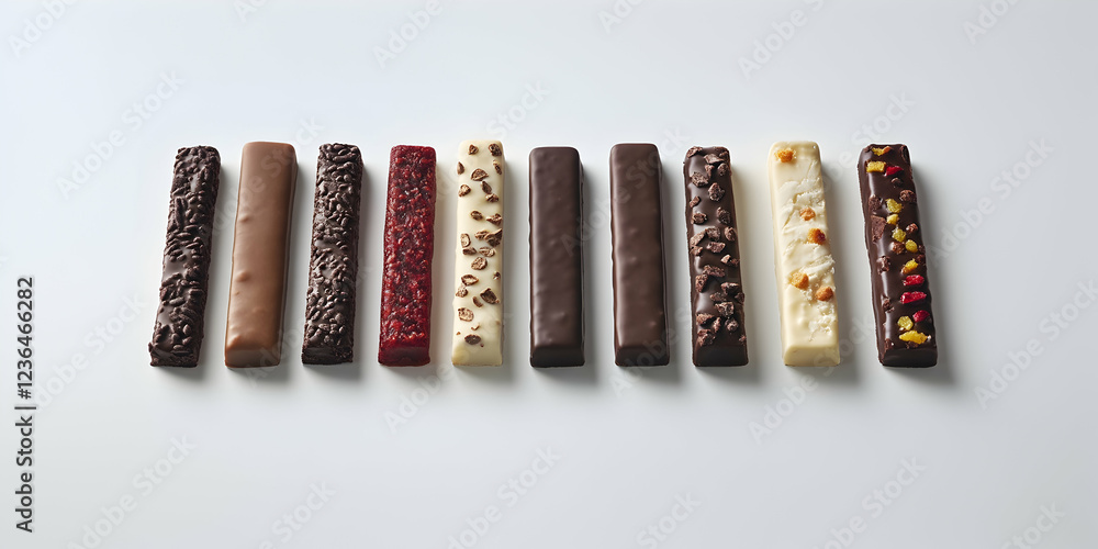 Assorted Chocolate Bars Displayed Neatly on a White Surface Showcasing a Variety of Flavors and Textures with Decorative Toppings Assorted Chocolate Bars Displayed Neatly on a White Surface Showcasing a Variety of Flavors and Textures with Decorative Toppings