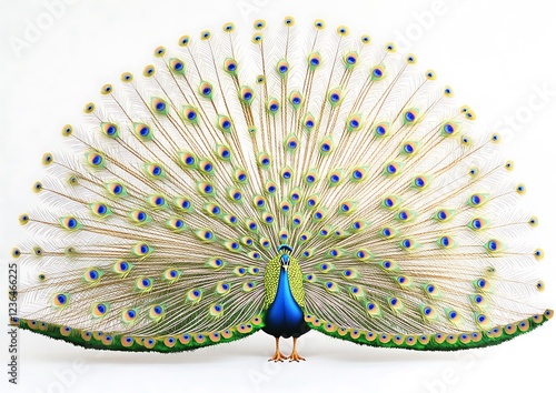 Majestic peacock displaying vibrant plumage in a serene setting photo