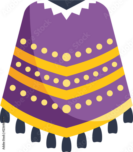 Cartoon purple poncho with yellow stripes and tassels, a traditional mexican garment