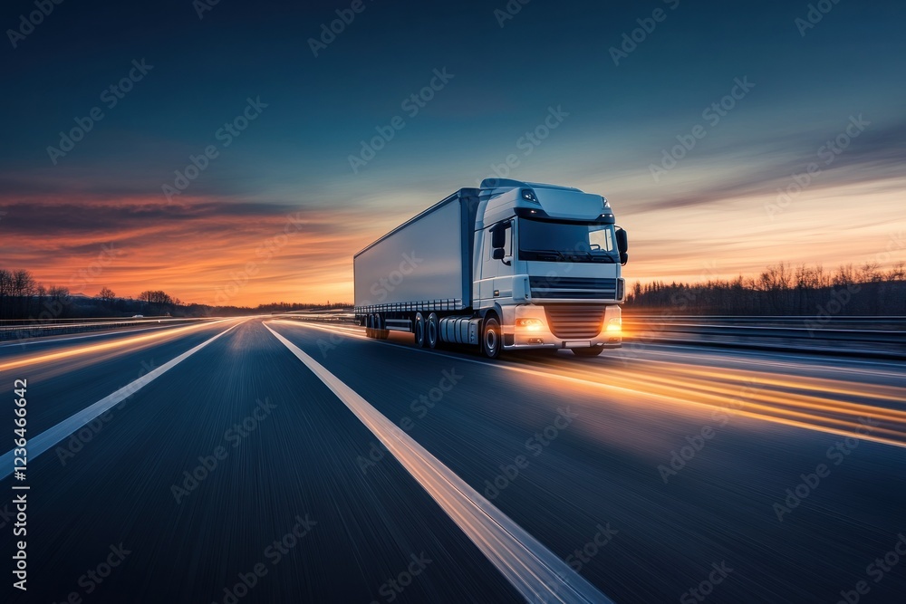 Truck Driving on Highway at Sunset with Motion Blur and Dramatic Sky Colors Truck Driving on Highway at Sunset with Motion Blur and Dramatic Sky Colors