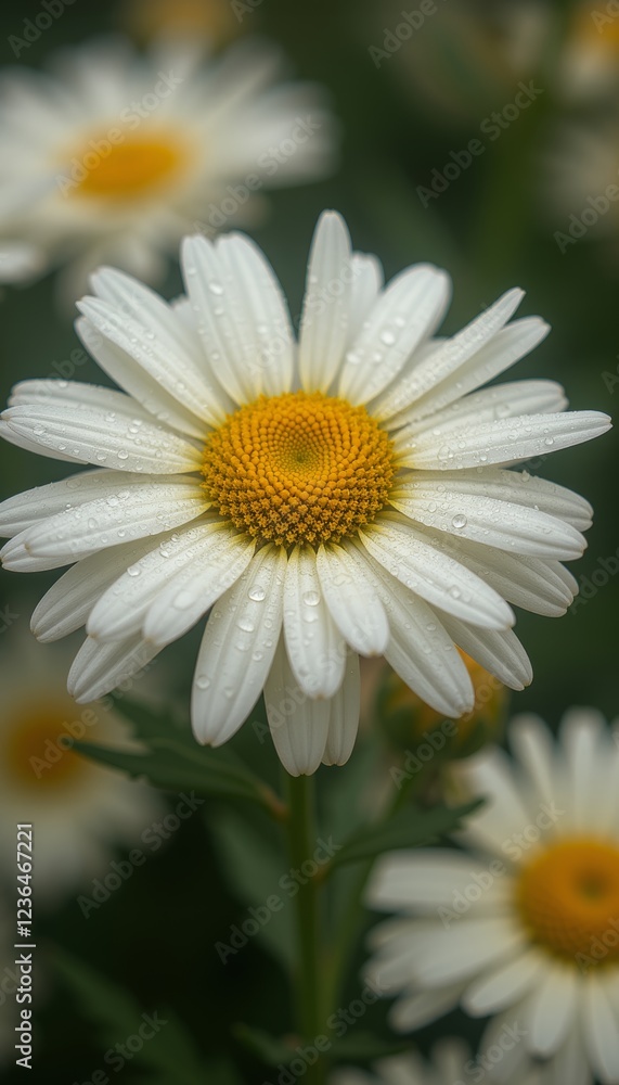Fototapeta premium Close-up of delicate white daisies with yellow centers and water droplets glistening on their petals