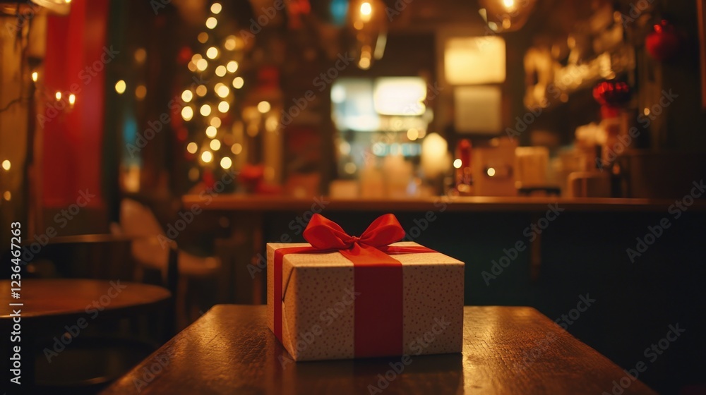 A present waiting to be opened, set on a table, suggesting it's part of the Christmas celebrations. A present waiting to be opened, set on a table, suggesting it's part of the Christmas celebrations.