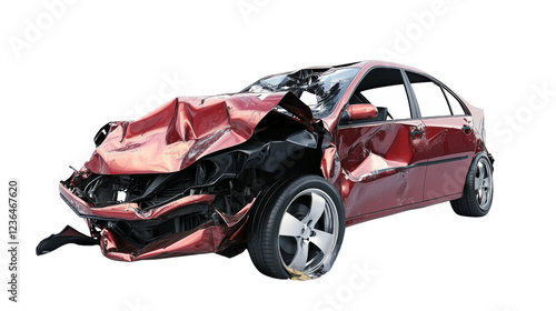 Red wrecked car showing extensive damage after crash on transparent background