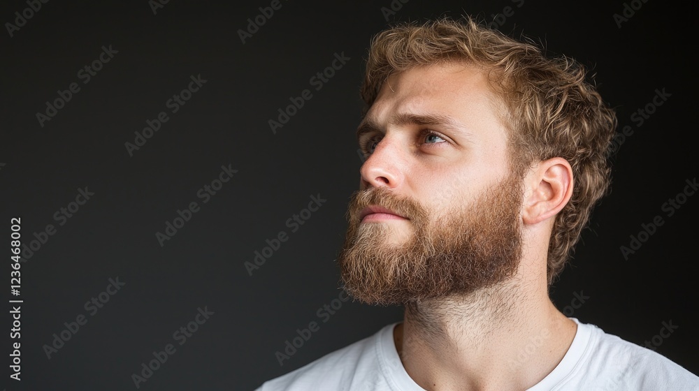 Obraz premium Pensive man, thoughtful gaze, dark background, studio portrait, website profile