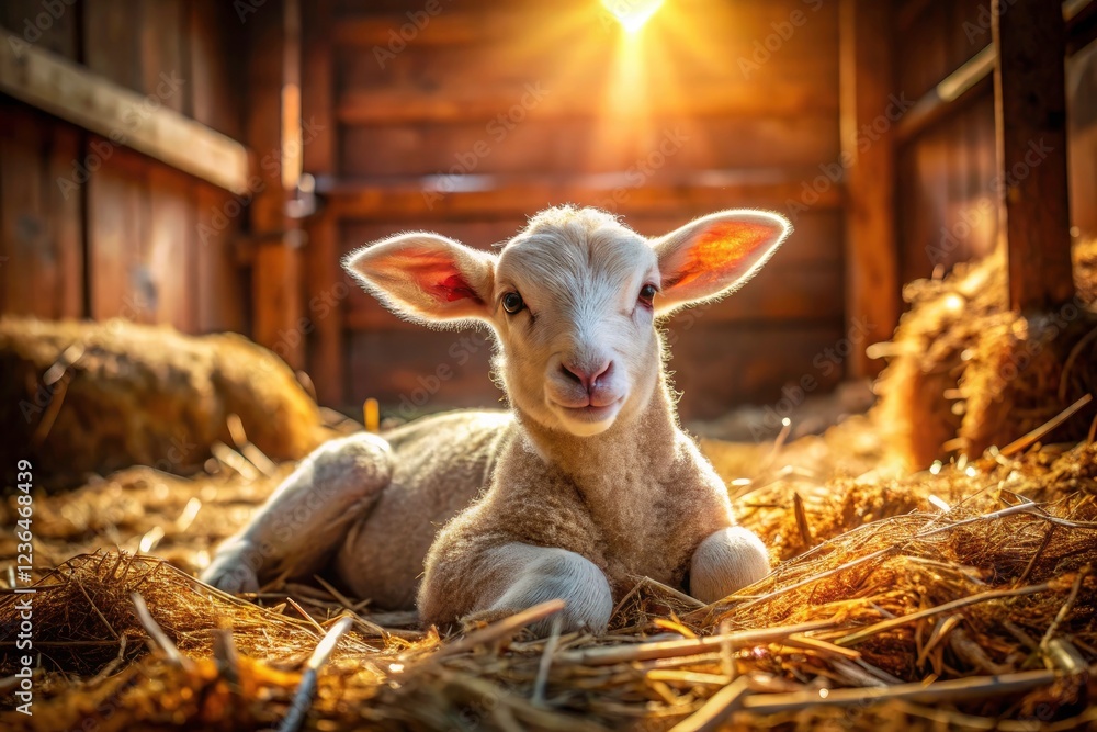 Fototapeta premium A candid photo captures a charming newborn lamb in a sun-drenched farm barn, surrounded by golden straw.