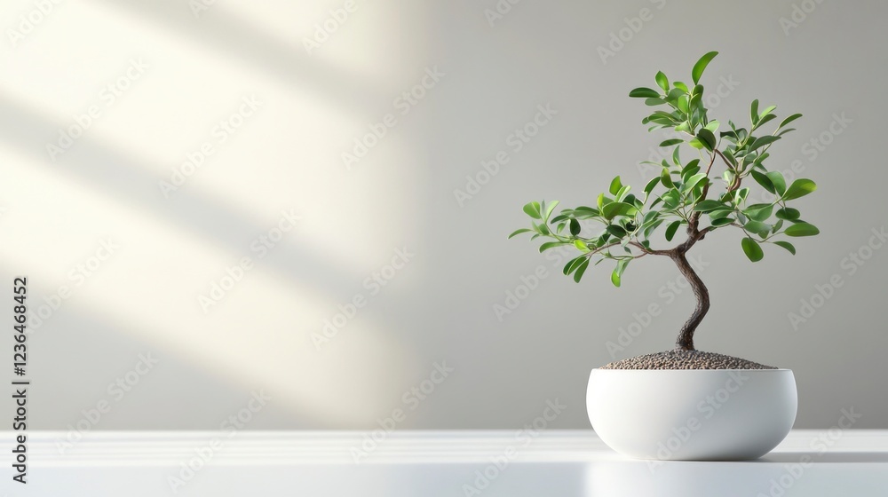 A white ceramic pot with green leaves growing on it, on the right side of an empty background. A white ceramic pot with green leaves growing on it, on the right side of an empty background.