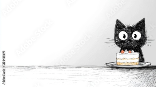  a black cat sitting on top of a table next to a plate with a cake on it The cake is decorated with colorful frosting and sprinkles, and the cat has a content expre photo