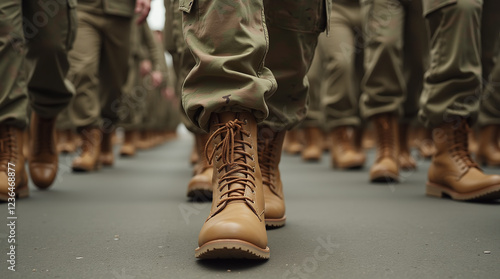 Soldiers Marching Walking in Military Camp, Army defense, mobilization and conscription, Brown camouflage photo