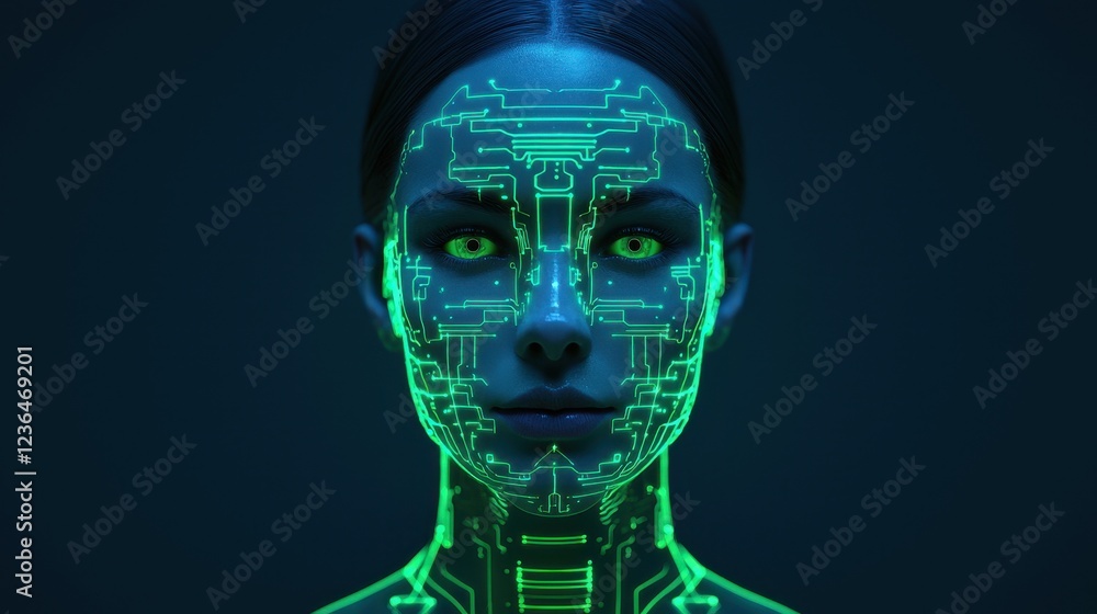 Futuristic Portrait of Woman with Glowing Circuit Patterns on Skin