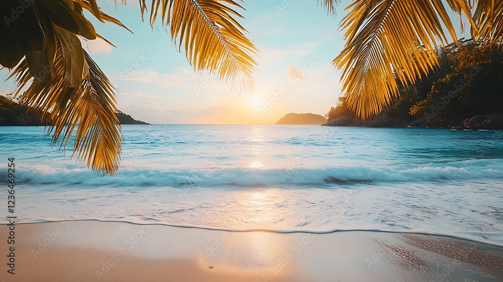 Fototapeta premium Tropical beach sunset scene with palm leaves framing the ocean.