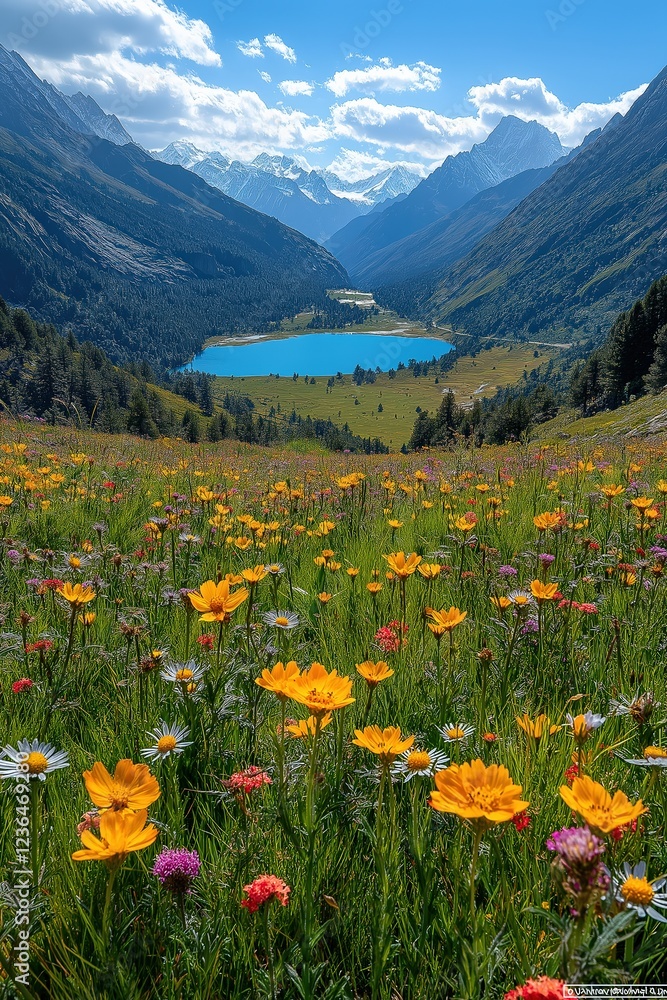 Stunning mountain valley filled with vibrant wildflowers and a tranquil lake under a clear blue sky Stunning mountain valley filled with vibrant wildflowers and a tranquil lake under a clear blue sky