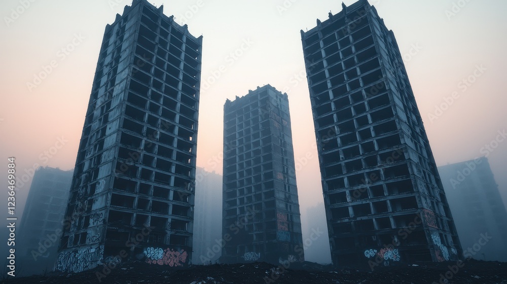Abandoned Concrete Towers in a Foggy Urban Environment Abandoned Concrete Towers in a Foggy Urban Environment