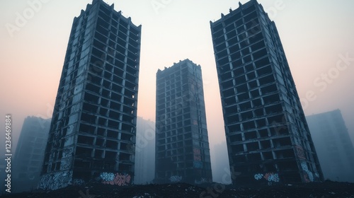 Abandoned Concrete Towers in a Foggy Urban Environment