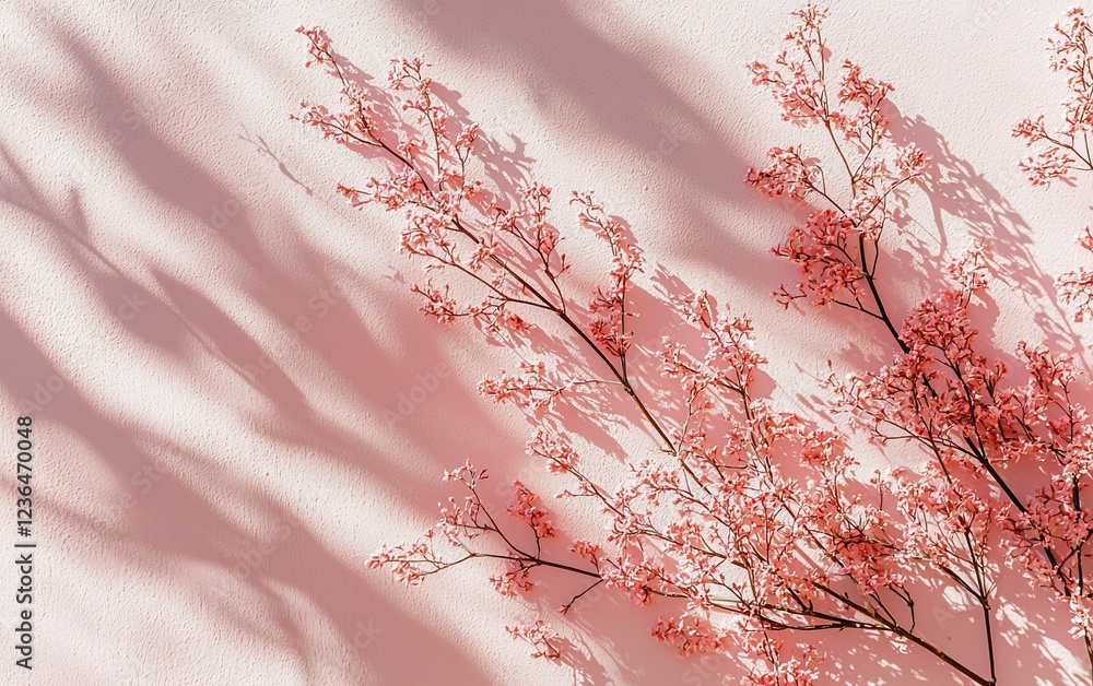 Naklejka premium Pink flowers with shadows on pink background.