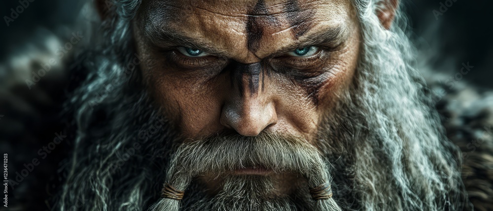 Close-Up Portrait Of A Grizzled, Fierce-Looking Warrior With War Paint. Close-Up Portrait Of A Grizzled, Fierce-Looking Warrior With War Paint.