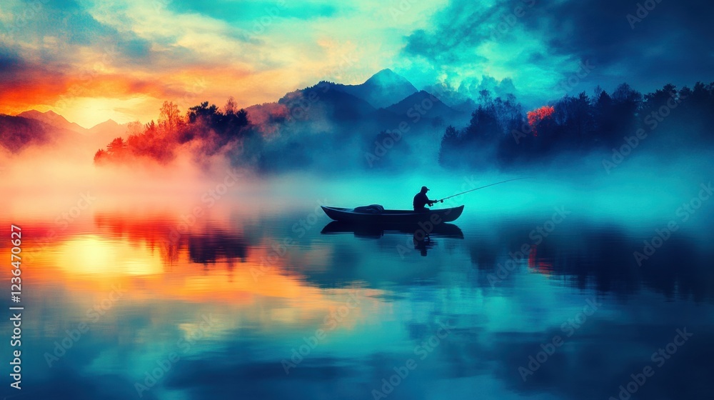 Naklejka premium Tranquil Sunrise Scene with Fisherman on Serene Lake Landscape