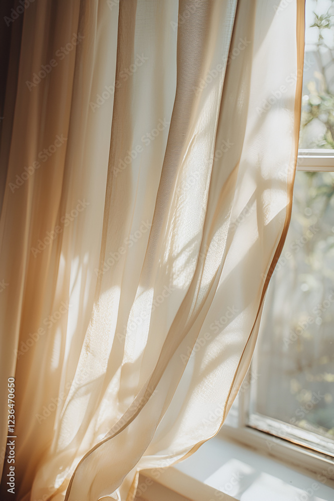 Sunlight streams through sheer curtains, illuminating the fabric's delicate folds and casting soft shadows. Sunlight streams through sheer curtains, illuminating the fabric's delicate folds and casting soft shadows.