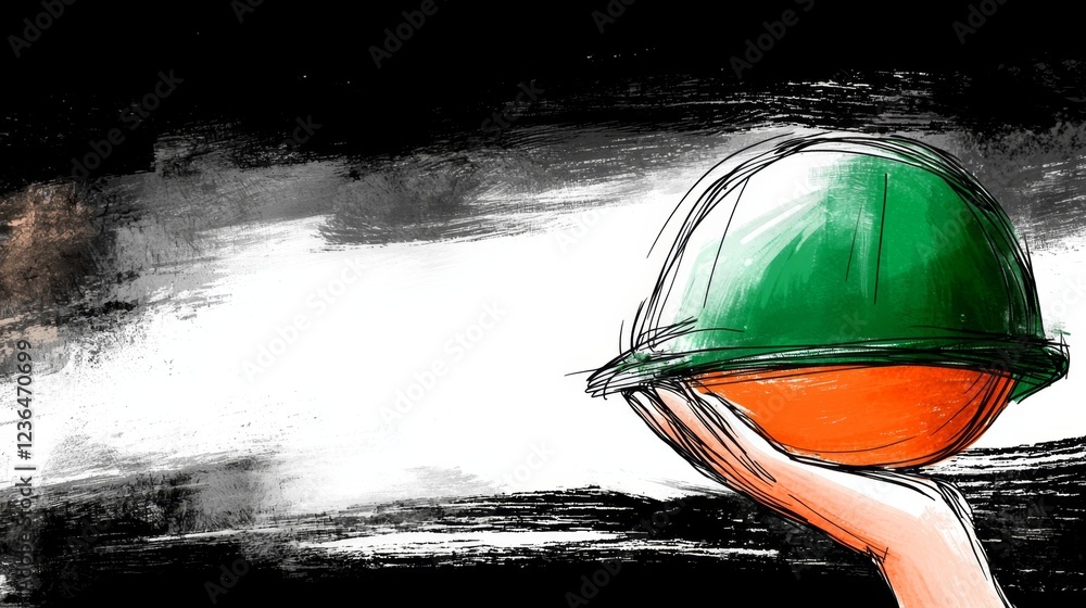 Obraz premium a hand holding a green and orange hard hat against a black and white background