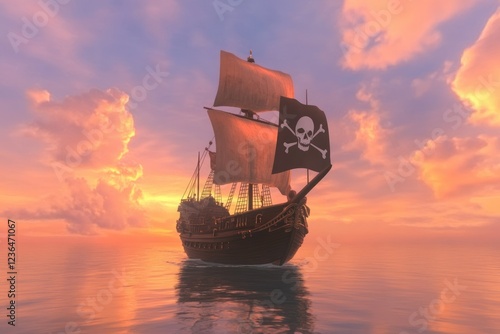 Majestic Pirate Ship at Sunset with Colorful Sky and Calming Waters in the Background photo