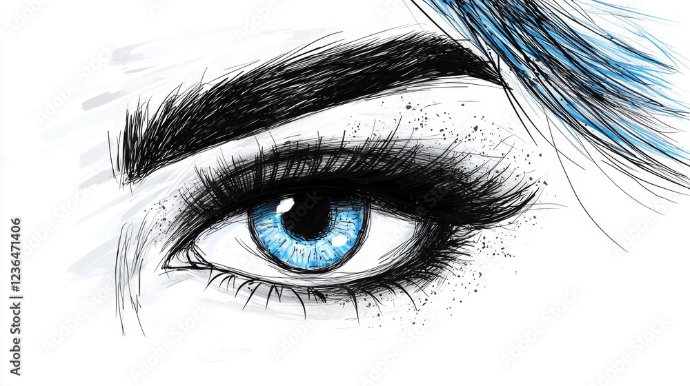 Fototapeta premium a close up of a woman's blue eye with long eyelashes and an eyebrow The eye is painted in a realistic style, with the blue iris and eyelashes standing out against the white background