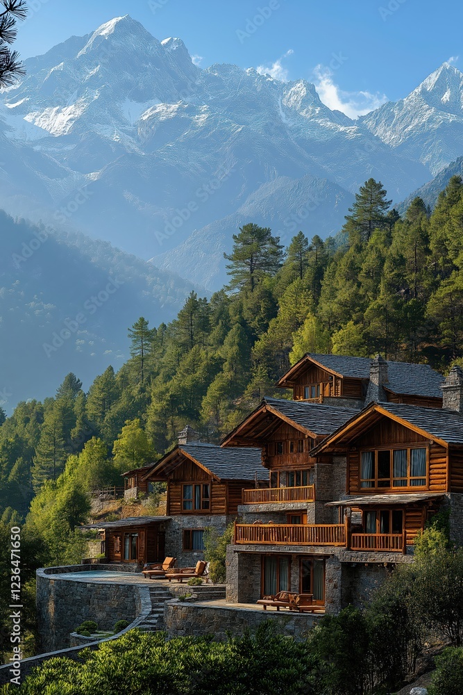 Scenic mountain resort nestled in lush greenery under a clear blue sky Scenic mountain resort nestled in lush greenery under a clear blue sky