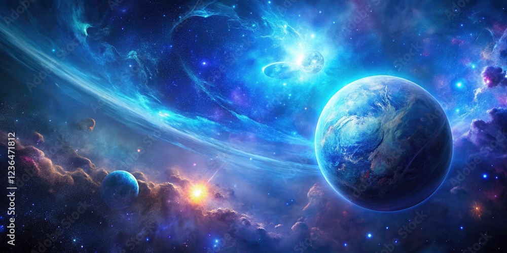 Fototapeta premium A celestial masterpiece: blue planet amidst a cosmic nebula, perfect galaxy wallpaper design.