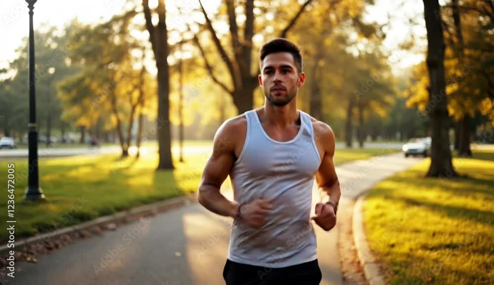 a man jogs in a city park with beautiful sunlight a man jogs in a city park with beautiful sunlight