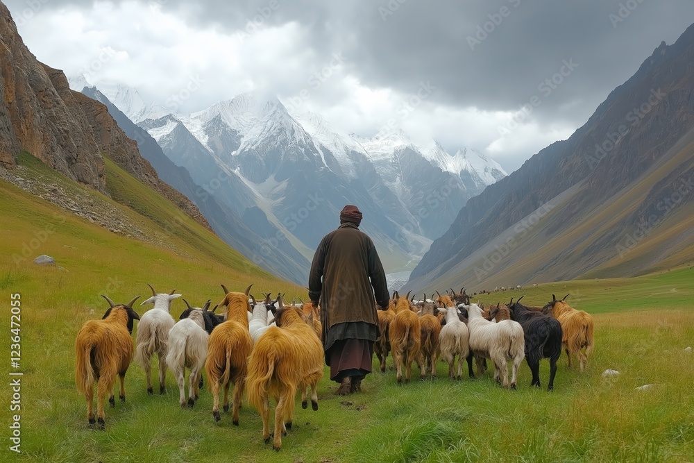 Fototapeta premium Herding goats through a valley with snow-capped mountains on a cloudy day
