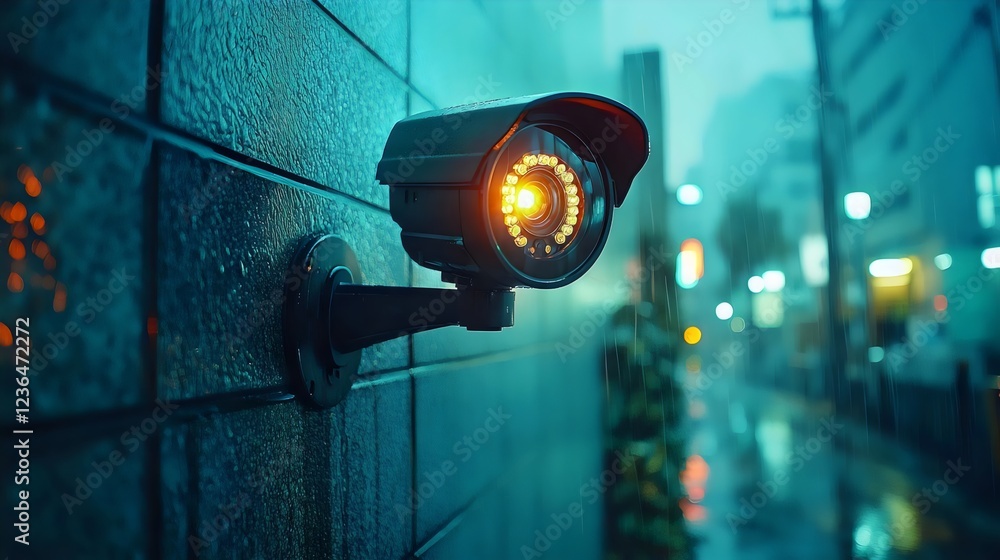 Fototapeta premium A street light is reflected in the camera lens of a security camera