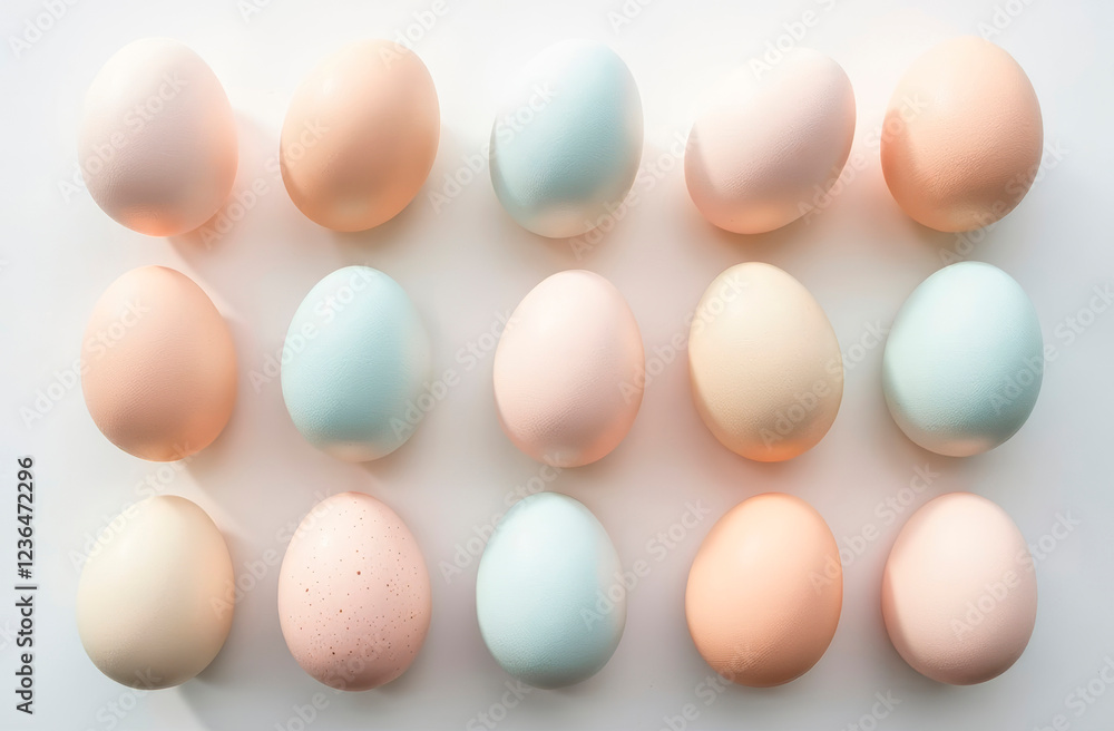 multicolored chicken eggs in a row on a white background with copy space and place for text. Easter banner or food theme