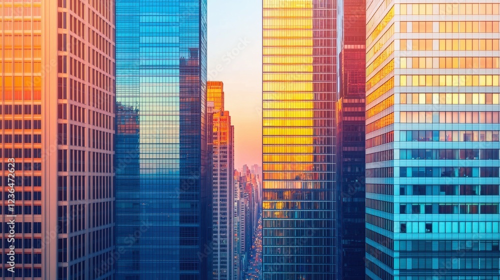 Stunning Urban Skyline with Colorful Reflection at Sunset Stunning Urban Skyline with Colorful Reflection at Sunset