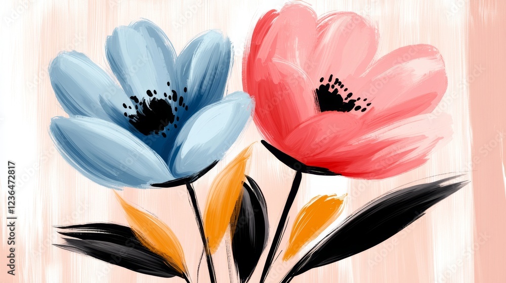 Naklejka premium a painting of two vibrant flowers on a pink background The flowers are painted in a realistic style, with each petal and stem carefully detailed The colors of the