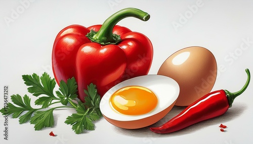 place the bright red bell pepper next to a whole brown egg and two halves of a hard boiled egg the yolk a small red chili and a sprig of parsley green in front of a white background ai