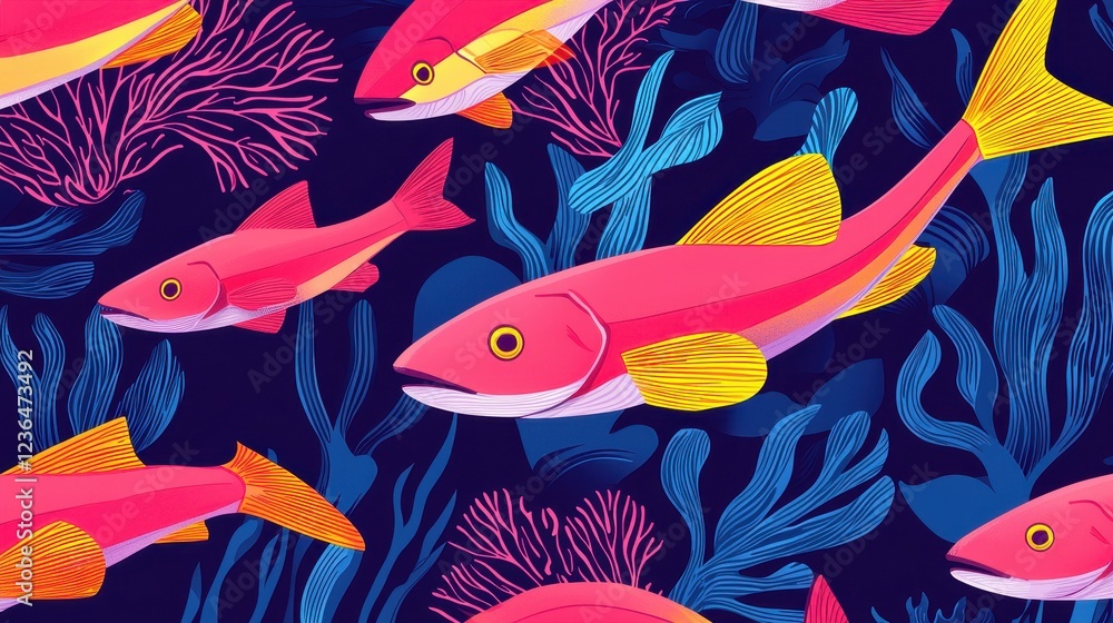Naklejka premium Vibrant Colorful Fish Swimming in Depths of Coral Reef Illustration