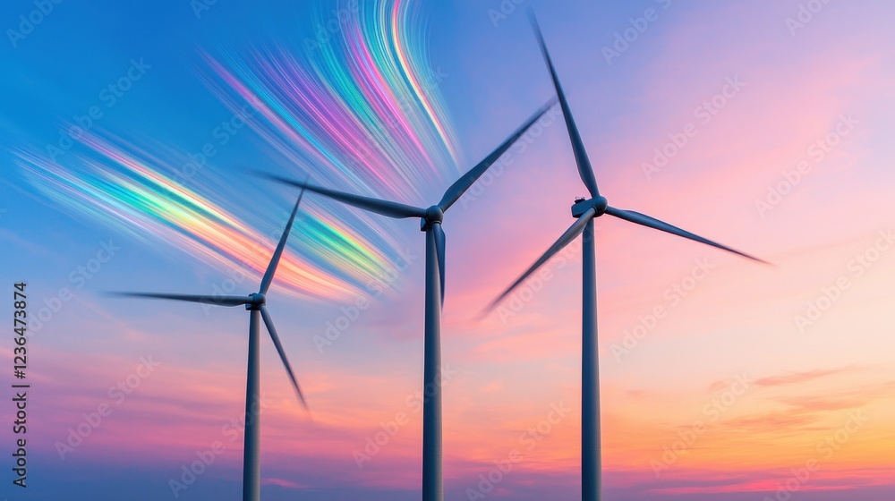 Fototapeta premium Colorful Sky with Wind Turbines at Sunset in Renewable Energy Scene