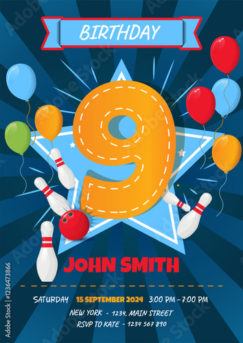Children's 9th Birthday Invitation Card Featuring Bowling Ball and Pins - Vector Illustration