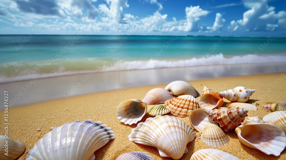 Seashells on the Beach: A collection of diverse seashells rest on a sun-kissed sandy beach, with the turquoise ocean and a vibrant blue sky forming a breathtaking backdrop. Seashells on the Beach: A collection of diverse seashells rest on a sun-kissed sandy beach, with the turquoise ocean and a vibrant blue sky forming a breathtaking backdrop.