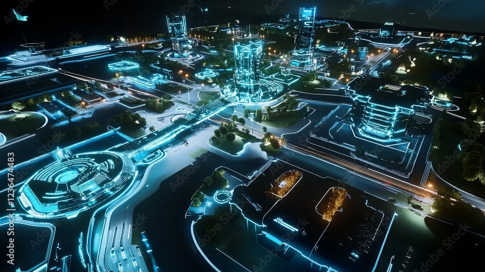 Futuristic city at night with glowing outlines and smooth surfaces, rendered in digital art style